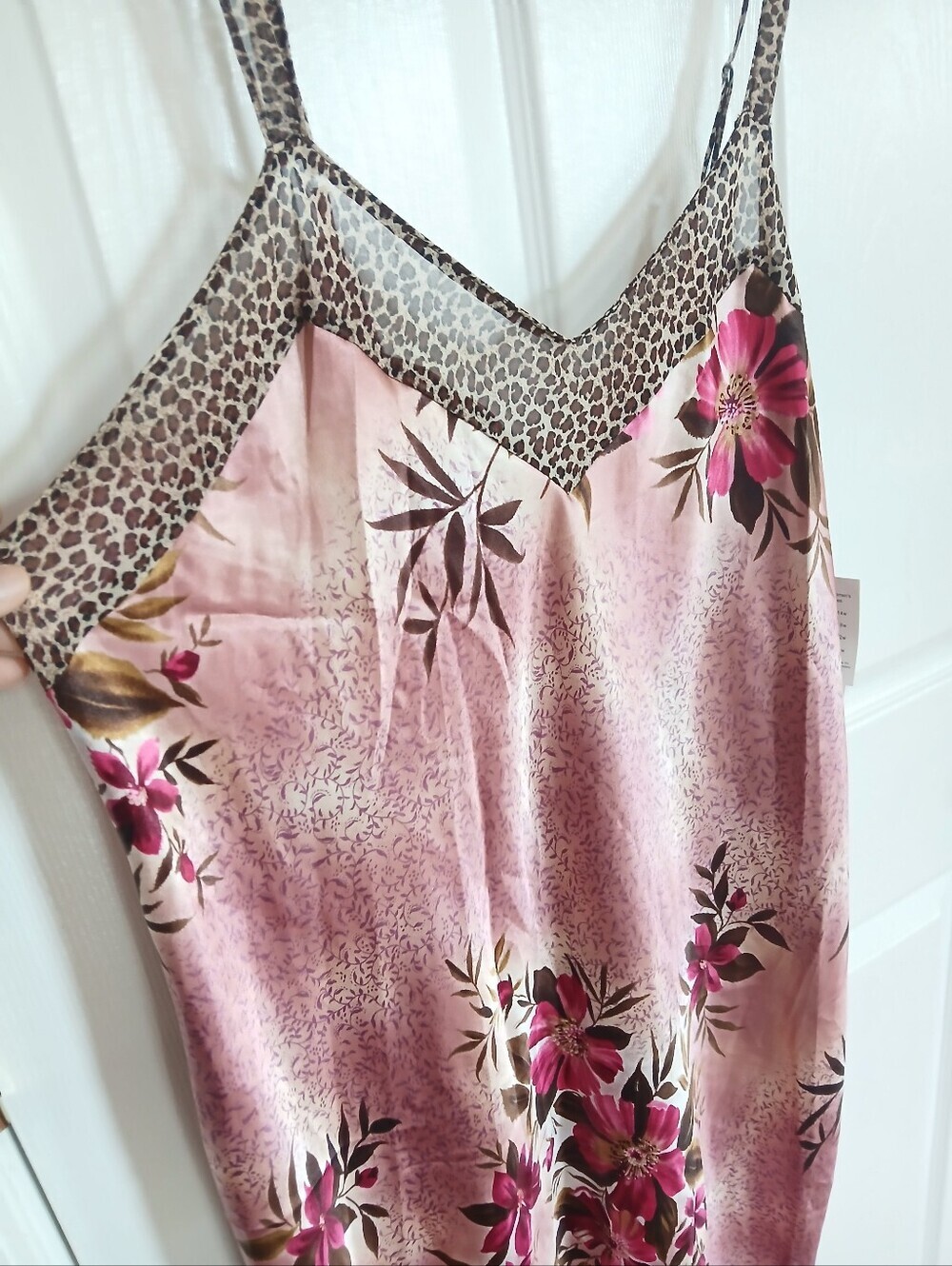 True Beauty By Emme Silky Floral Pink Slip Dress with Animal Trim Sexy Feminine - Picture 3 of 11